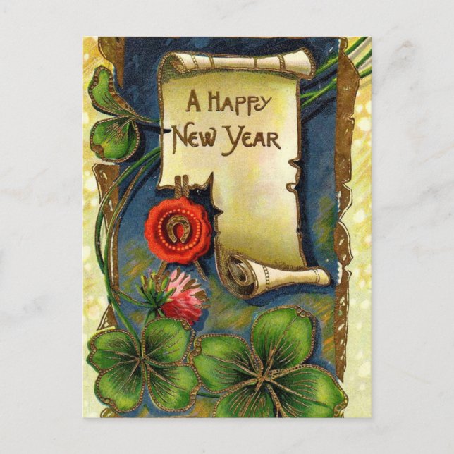 Cartão Postal De Festividades New Year With Four Leaf Clover (Frente)