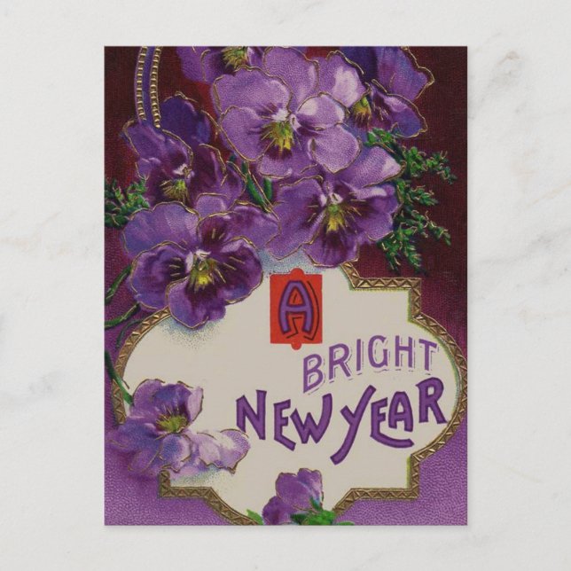 Cartão Postal De Festividades New Year With Purple Flowers (Frente)