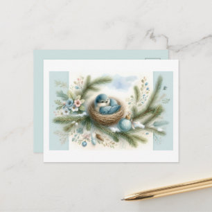 Cartão Postal De Festividades Ninho Bluebird com ornamentos em pinheiros de inve