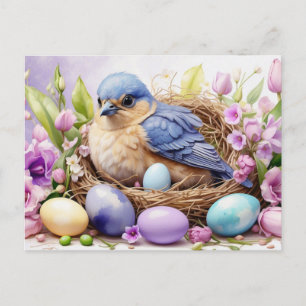 Cartão Postal De Festividades Ninho de pássaro azul e ovos de Páscoa, flores