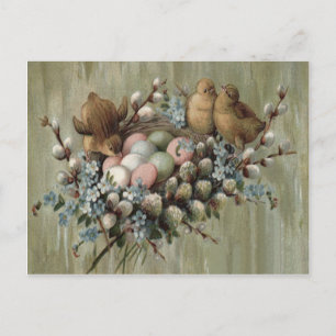 Cartão Postal De Festividades Ninho de Pintinho de Páscoa Ovos Coloridos Não-Me-