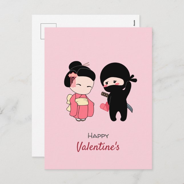 Cartão Postal De Festividades Ninja and Geisha Happy Valentine on Pink (Frente/Verso)
