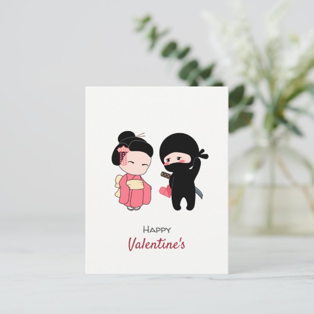 Cartão Postal De Festividades Ninja e Geisha Happy Namorados (Em pé/Frente)