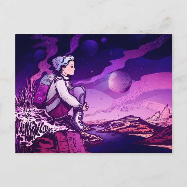 Cartão Postal De Festividades Noite azul do astronauta da menina do cabelo (Frente)