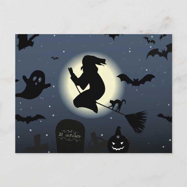 Cartão Postal De Festividades Noite de Halloween e Bruxa Assustadas e Escuras (Frente)