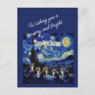 Cartão Postal De Festividades Noite Estrelada de Natal Van Gogh Amante de Gatos