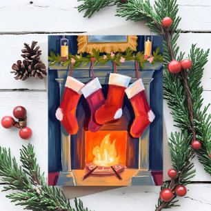 Cartão Postal De Festividades Noite Santa   Aquarela de Meias de Natal