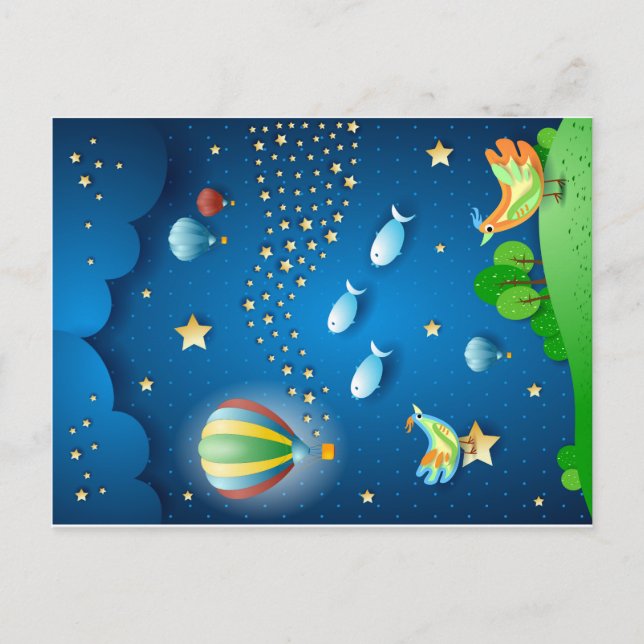 Cartão Postal De Festividades Noite surreal com balões e onda de estrelas (Frente)