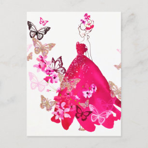 Cartão Postal De Festividades Noiva Aquarela Borboleta Floral Brilho Dourado