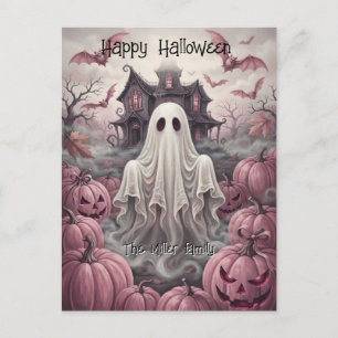 Cartão Postal De Festividades Nome de Família Personalizado Vintage Ghost & Casa