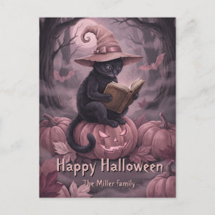 Cartão Postal De Festividades Nome Personalizado Gato Preto Lendo & Abóboras Ros