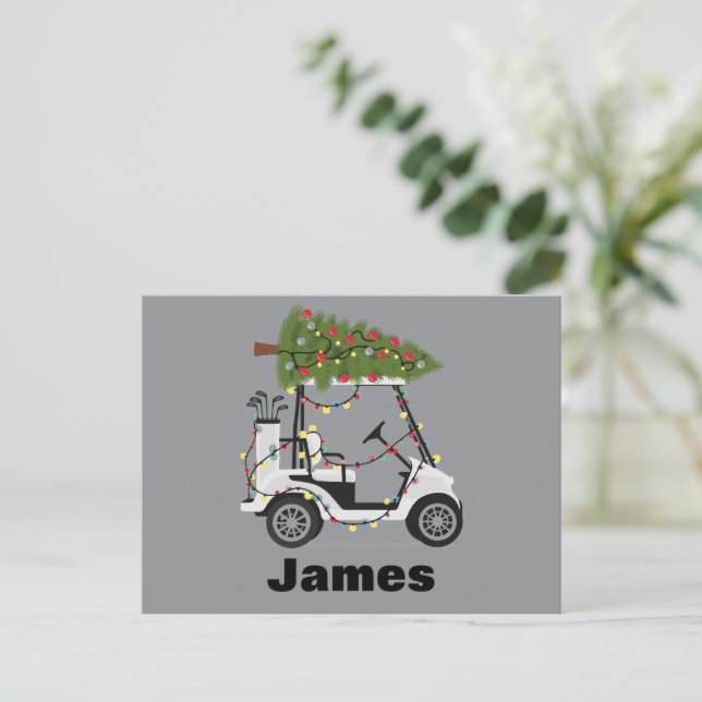 Cartão Postal De Festividades Nome Personalizado Golfer de Natal Cart Xmas (Em pé/Frente)