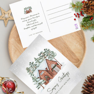 Cartão Postal De Festividades Nórdico Watercolor Flocos de Neves Pinheiro Natal