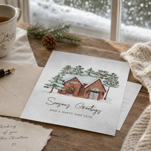Cartão Postal De Festividades Nórdico Watercolor Flocos de Neves Pinheiro Natal