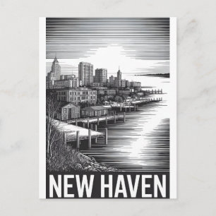 Cartão Postal De Festividades Nova Haven Connecticut Silhueta Urbana Xilogravura