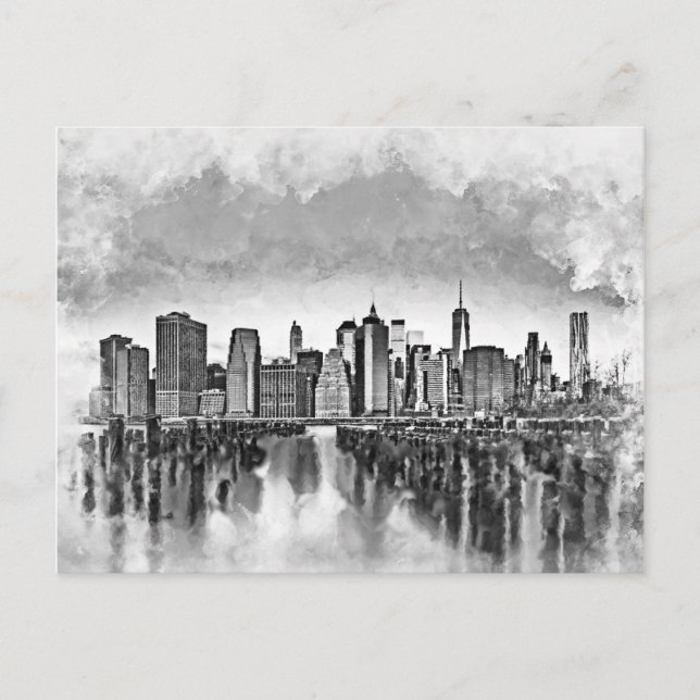 Cartão Postal De Festividades Nova Iorque Manhattan Skyline - preto e branco (Frente)