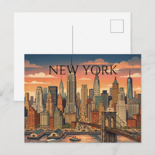 Cartão Postal De Festividades Nova Iorque Skyline Viagem Arte Vintage
