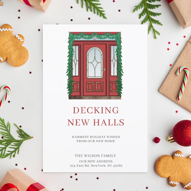 Cartão Postal De Festividades Nova Porta Vermelha Decking Novos Halls Novo Ender (Red Door Decking New Halls New Address Moving Holiday PostCard)