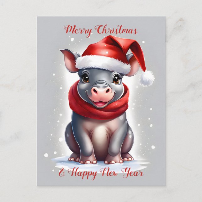 Cartão Postal De Festividades Novo Ano Bonito Hippopotamus Santa Hat (Frente)