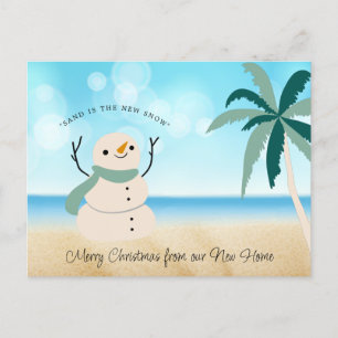 Cartão Postal De Festividades Novo endereço Sandy Snowman Palm Tree na praia