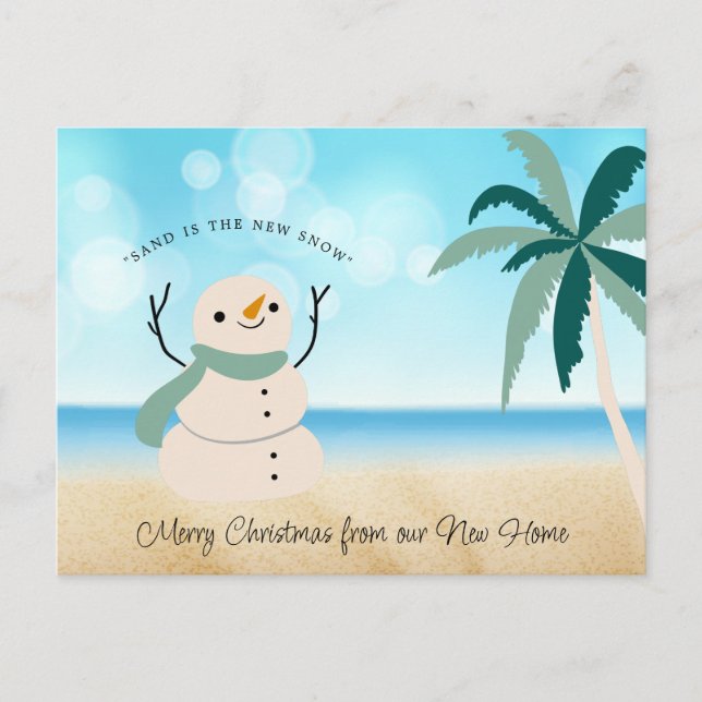 Cartão Postal De Festividades Novo endereço Sandy Snowman Palm Tree na praia (Frente)