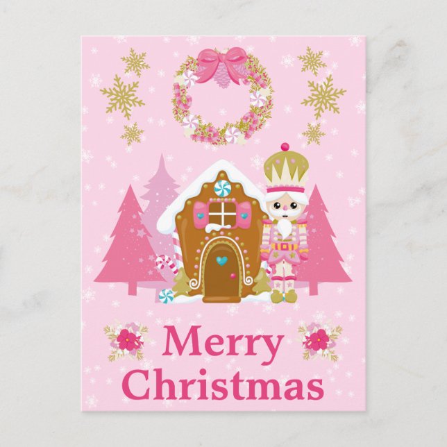 Cartão Postal De Festividades Nozes de Natal rosa e Casas de Pão-de-Pão (Frente)