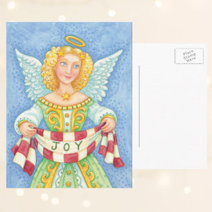 Cartão Postal De Festividades O Anjo de Natal do Cartoon Bonito com Joy Banner