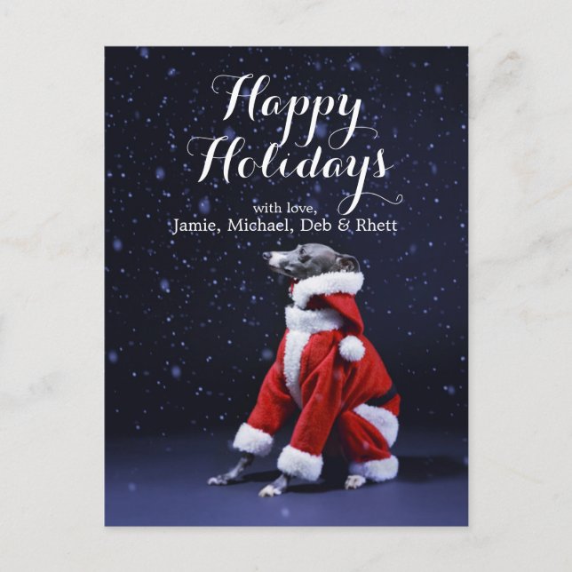 Cartão Postal De Festividades O cão senta a colocação sobre o Natal do pai (Frente)