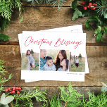 Cartão Postal De Festividades O Natal do Script Moderno Beneficia Três Fotos<br><div class="desc">Este lindo cartão de fotos de feriado apresenta três fotos e a saudação "Bênçãos de Natal". A design é simples, mas elegante. Este design acomoda duas fotos verticais e uma horizontais. No verso, você encontrará muito espaço para escrever sua saudação pessoal e o endereço do destinatário. Cartões postais são uma...</div>