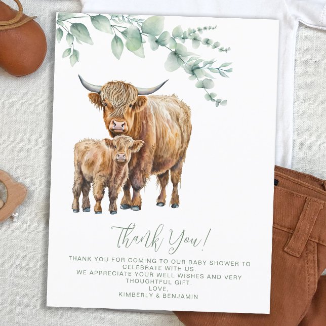 Cartão Postal De Festividades Obrigado, Highland Cow Greenerence Chá de fraldas (Criador carregado)
