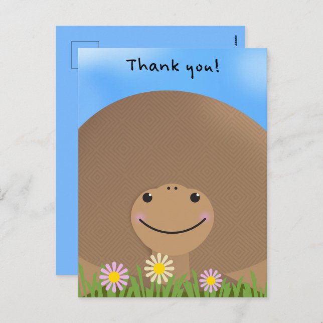 Cartão Postal De Festividades Obrigado Por Qualquer Tartaruga Bonita Com Flores. (Frente/Verso)