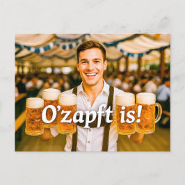 Cartão Postal De Festividades Oktoberfest Man with Many Beer Mugs in Beer Tent