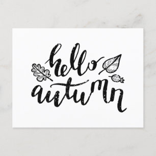 Cartão Postal De Festividades Olá Autumn deixa a caligrafia branca e negra