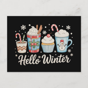 Cartão Postal De Festividades Olá Inverno Aconchegante Café Boneco de Neve Natal
