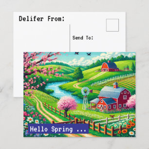 Cartão Postal De Festividades Olá Primavera - Pixel Art Countryside Postca de 16