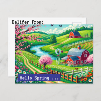 Cartão Postal De Festividades Olá Primavera - Pixel Art Countryside Postca de 16