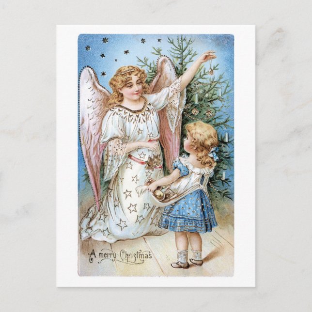 Cartão Postal De Festividades Old-fashioned Christmas, Angel with Girl (Frente)