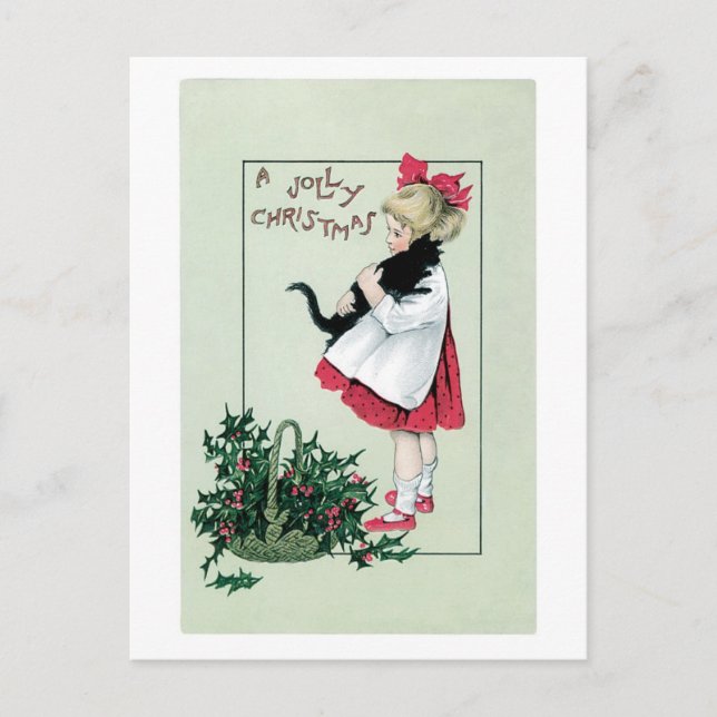 Cartão Postal De Festividades Old-fashioned Christmas, Girl holding Black cat (Frente)