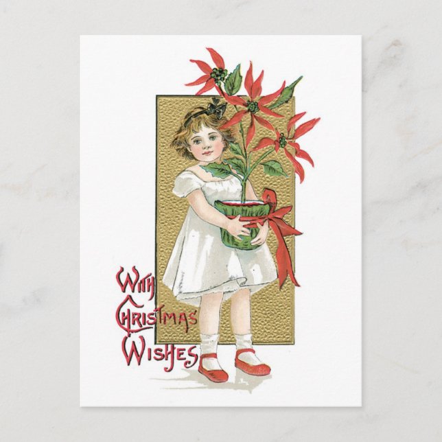 Cartão Postal De Festividades Old-fashioned Christmas, Girl holding Poinsettia (Frente)