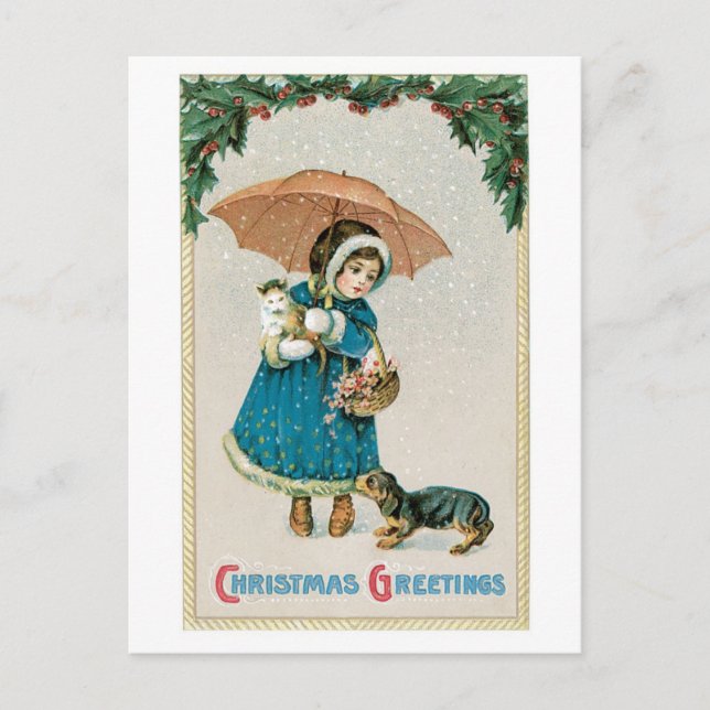 Cartão Postal De Festividades Old-fashioned Christmas, Girl with Cat and Dog (Frente)