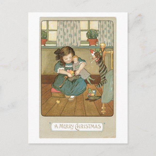Cartão Postal De Festividades Old-fashioned Christmas, Girl with Dolls (Frente)