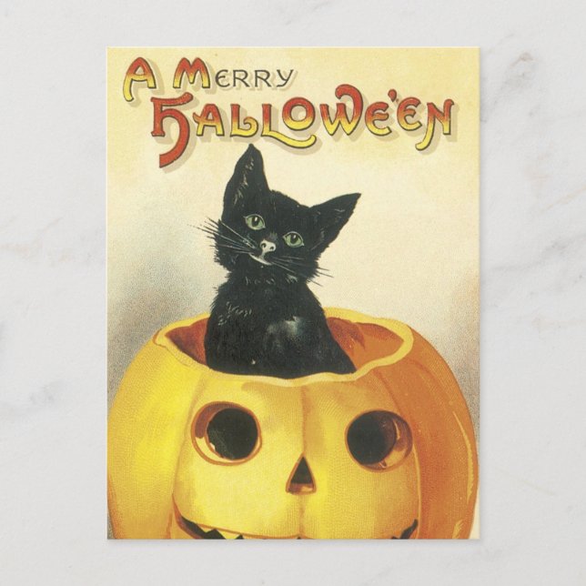 Cartão Postal De Festividades Old Fashioned Merry Halloween Cat (Frente)