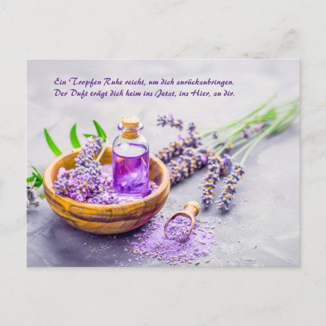Cartão Postal De Festividades Óleo de lavanda com Brilhantes em Wooden Bowl (Frente)