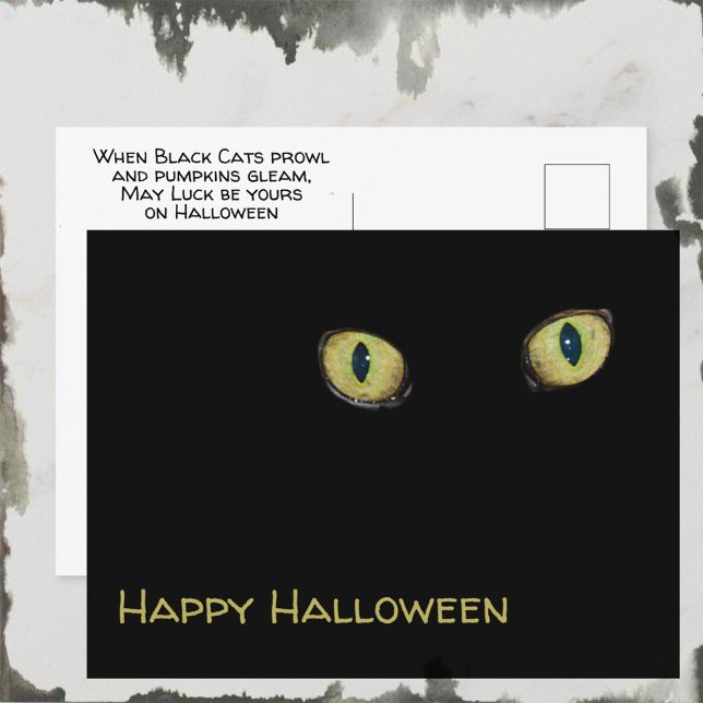 Cartão Postal De Festividades Olhos de Gato Feliz Halloween Preto (Criador carregado)