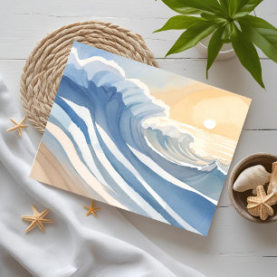 Cartão Postal De Festividades Ondas do Oceano Aquarela Azul