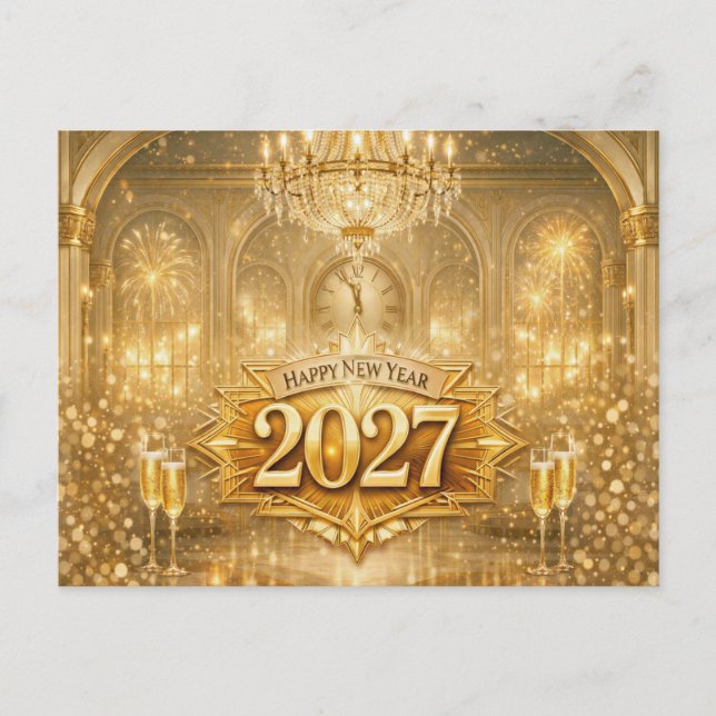 Cartão Postal De Festividades Opulent Gold Ballroom Happy New Year 2027 (Frente)