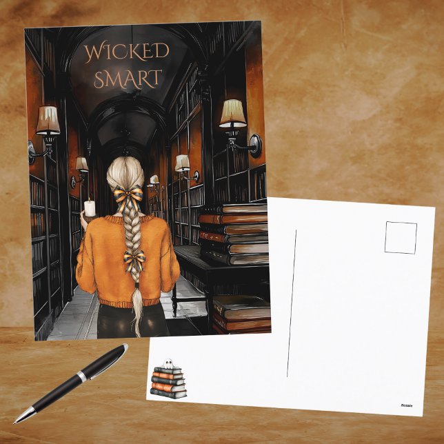 Cartão Postal De Festividades Orange Black Wicked Smart SpookLibrary Halloween (Criador carregado)