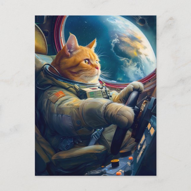 Cartão Postal De Festividades Orange cat piloting spacecraft in orbit (Frente)