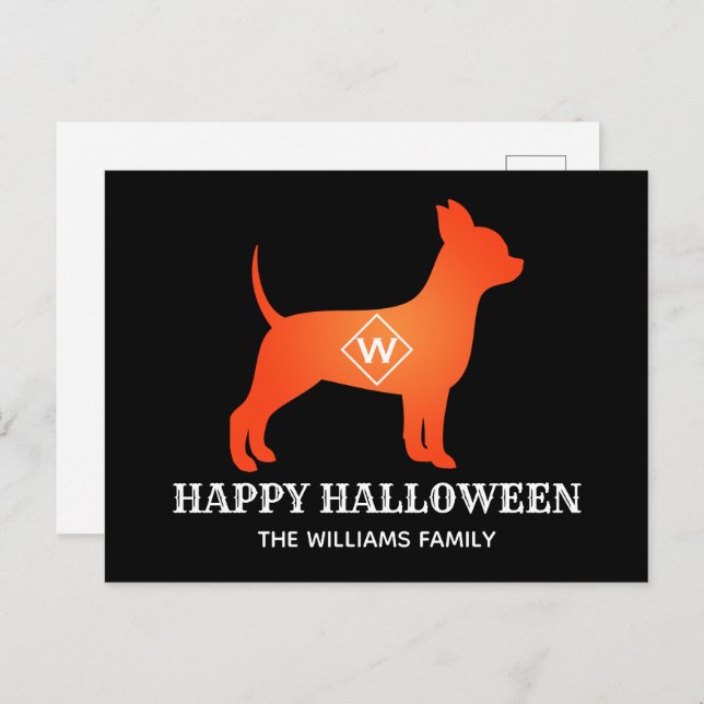 Cartão Postal De Festividades Orange Chihuahua Happy Halloween Family (Frente/Verso)