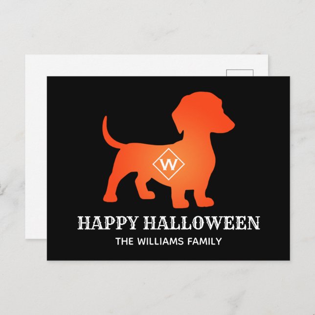 Cartão Postal De Festividades Orange Dachshund Happy Halloween Family (Frente/Verso)